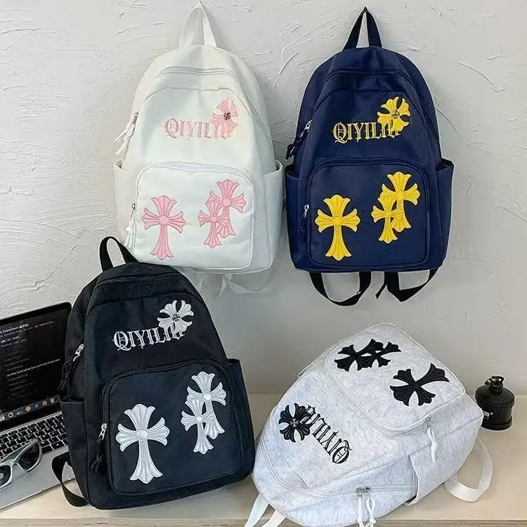 Gothic Cross Patch Student Backpack - Letter Embroidery, Lightweight, Multi-Pocket, Wear-Resistant Campus Daypack for School & Travel