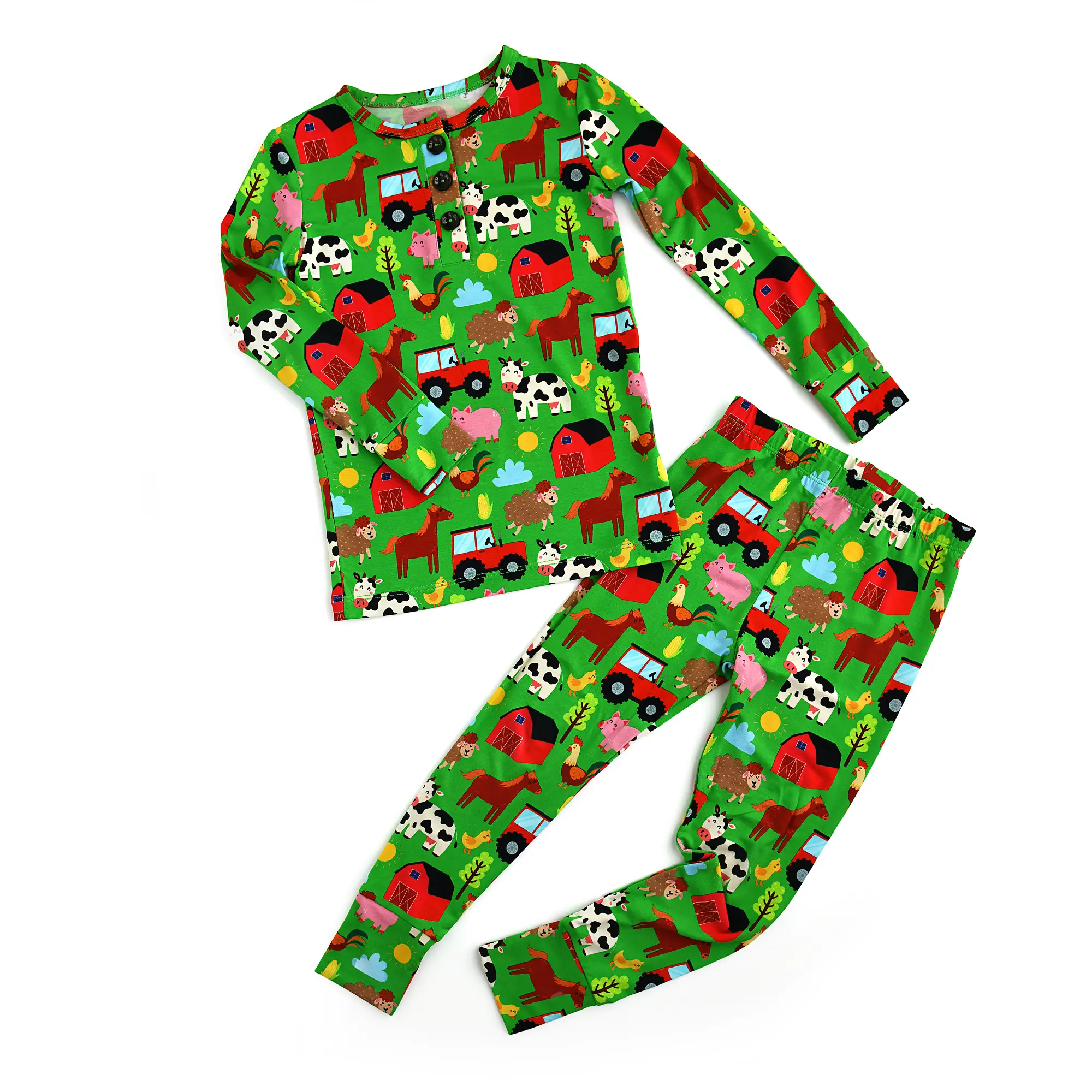 Tanner Two Piece Bamboo Baby Toddler Outfit Farm Aminals Cow Chicken Pig