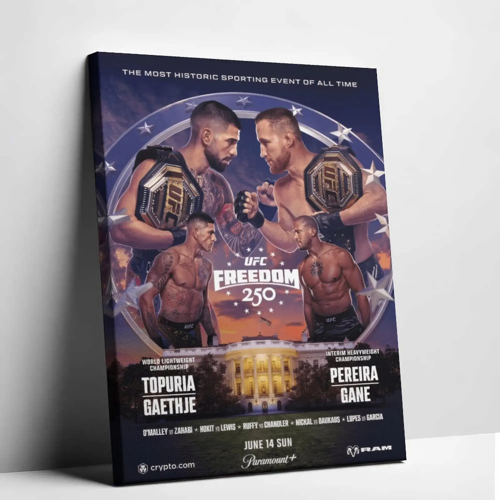 UFC 250 Freedom Full Fight Card Artistic Canvas Print - Topuria vs Gaethje, Pereira vs Gane White House Event MMA Poster with Championship Belt, Gym Man Cave Home Decor Gift for UFC Fans