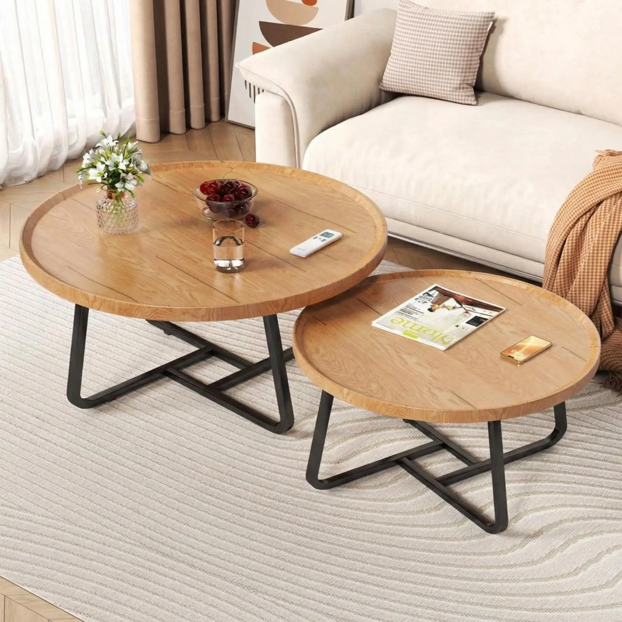 2-Piece Round Nesting Coffee Table Set, Mid-Century Modern Side Tables with Walnut & White Marble Finish, Easy Assembly for Living Room, Bedroom