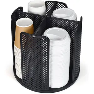 Cup and Lid Organizer 360° Rotatable Coffee Cup Holder for 5-16 oz Disposable Plastic and Paper Cups, 4 Compartments Detachable Countertop Cup Dispenser for Coffee Station, Black