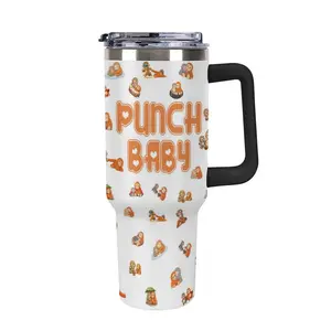 Punch Baby Monkey Aesthetic 40oz Tumbler with Handle, Cute Cartoon Monkey Pattern Travel Mug, Insulated Water Bottle with Straw, Preppy Room Decor, Gift for Monkey Lovers, Stainless Steel Soda Cup, Kawaii Animal Drinkware