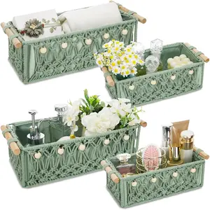 Vesici 4 Pcs Green Macrame Storage Basket for Shelves 13 in 11 in Boho Storage Basket Hand Woven Boxes with Wood Handles Beads Decorative Countertop Toilet Tank Cabinet Organizer for Home Room Decor : Home & Kitchen