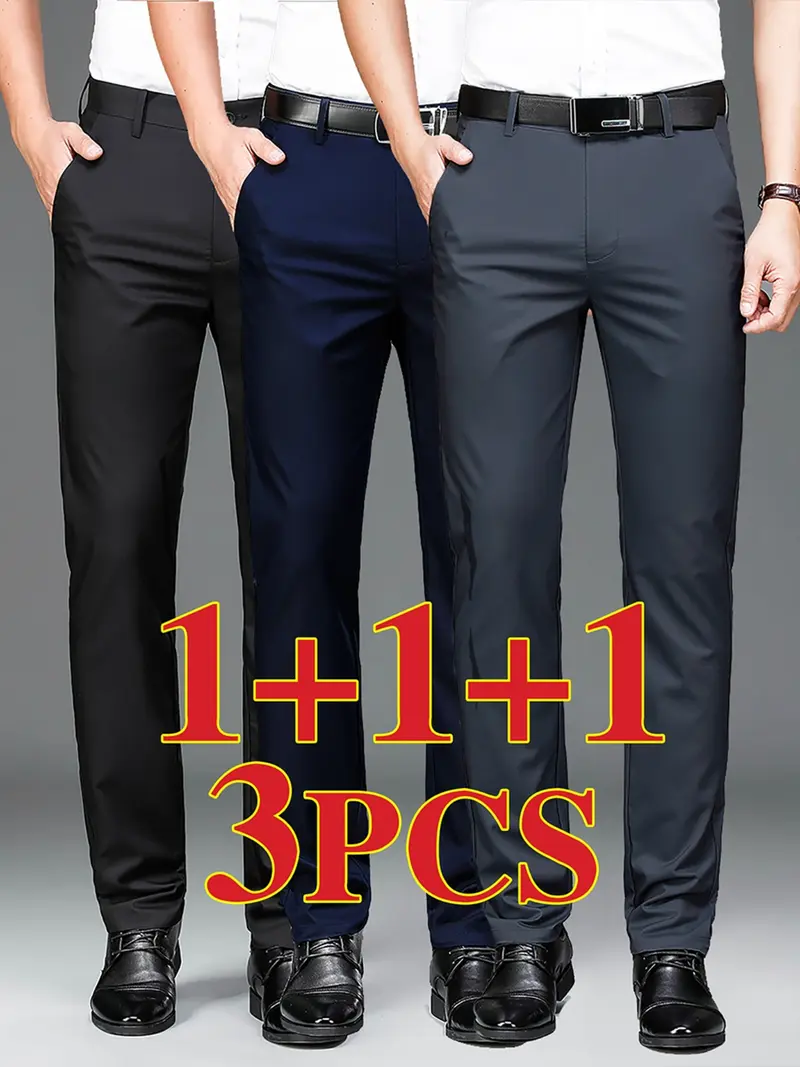 Men's New Loose Straight Leg Elastic Plain Business Pants, All Seasons, Anti-Wrinkle Comfortable Casual Workwear, Casual Fashion Trousers, 3 Piece Set