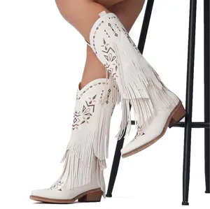 Pasuvo Women’s Fringe Cowboy Boots – Western Cowgirl Boots with Embroidery, Tassel Knee-High Boots, Classic Chunky Heel, Pointed Toe Rodeo Boots for Country Style, All-Season Retro Western Boots – Black, White, Brown