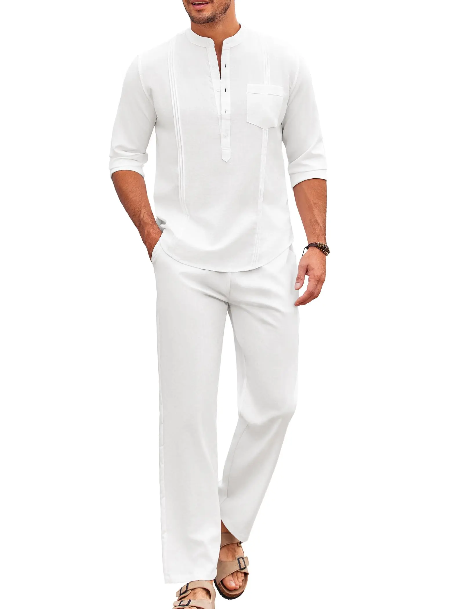Coofandy Men's 2-Piece Cotton Clothes Set - Menswear Casual Long-Sleeve Cuban Henley Shirt & Elastic Plain Loose Pants, Tropical Beach Vacation Outfits