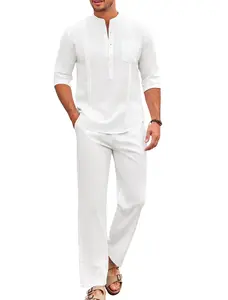Coofandy Men's 2-Piece Cotton Set - Casual Long-Sleeve Cuban Henley Shirt & Loose Pants, Beach Vacation Outfits
