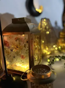 Floral Glass Lanterns Handcrafted Iron Lanterns with Botanical Panels Wildflower Meadow Poppy Garden Summer Bloomfield 15" Tall Tabletop or Hanging Décor Mother's Day Gift