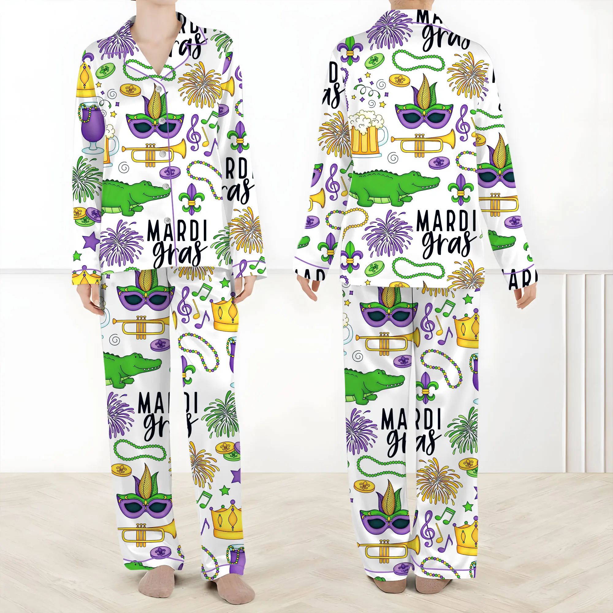 Mardi Gras Carnival Pajamas Set, Pajamas Pants, Mardi Gras Pajama For Women Men, New Orleans Cruise Holiday Pajamas, Coquette Pajamas