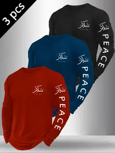 Men’s 3‑Pack Arabic "Peace" Calligraphy Print Long Sleeve Tees, Minimalist Muslim‑Inspired Casual Tops, Urban Cultural Streetwear#PeaceCalligraphyTee #ArabicPrintTops #3PackMensTees #MuslimFashionStyle #TikTokFashion