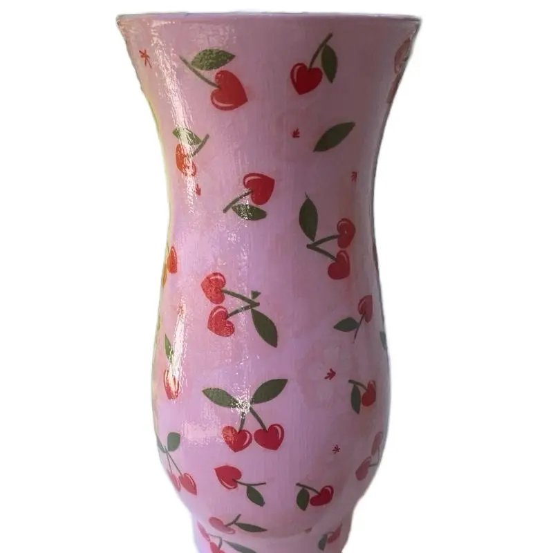 The Papered Vessel makes beautiful decoupaged glass cases and canisters for any home decor   Choose pink with cherries , colorful butterflies or different colors of flowers such as blue, red, pink, or multi colored pastels.