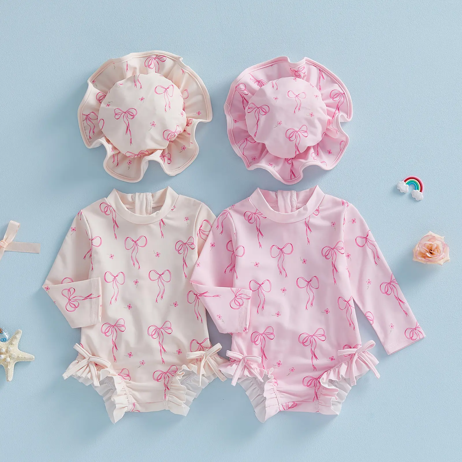 Kids Toddler Baby Girl Rash Guard Swimsuit Set Girls Bow Print Long Sleeve Ruffle Jumpsuit and Hat Bathing Suit for Pool Beach Swimwear 3M-3Y
