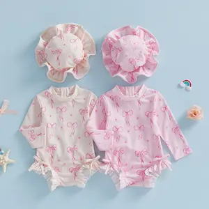 Kids Toddler Baby Girl Rash Guard Swimsuit Set Girls Bow Print Long Sleeve Ruffle Jumpsuit and Hat Bathing Suit for Pool Beach Swimwear 3M-3Y