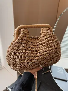 Women's Elegant Straw Bag, Fashionable Straw Crossbody Bag with Chain Strap, Casual Versatile Shoulder Bag for Daily Used