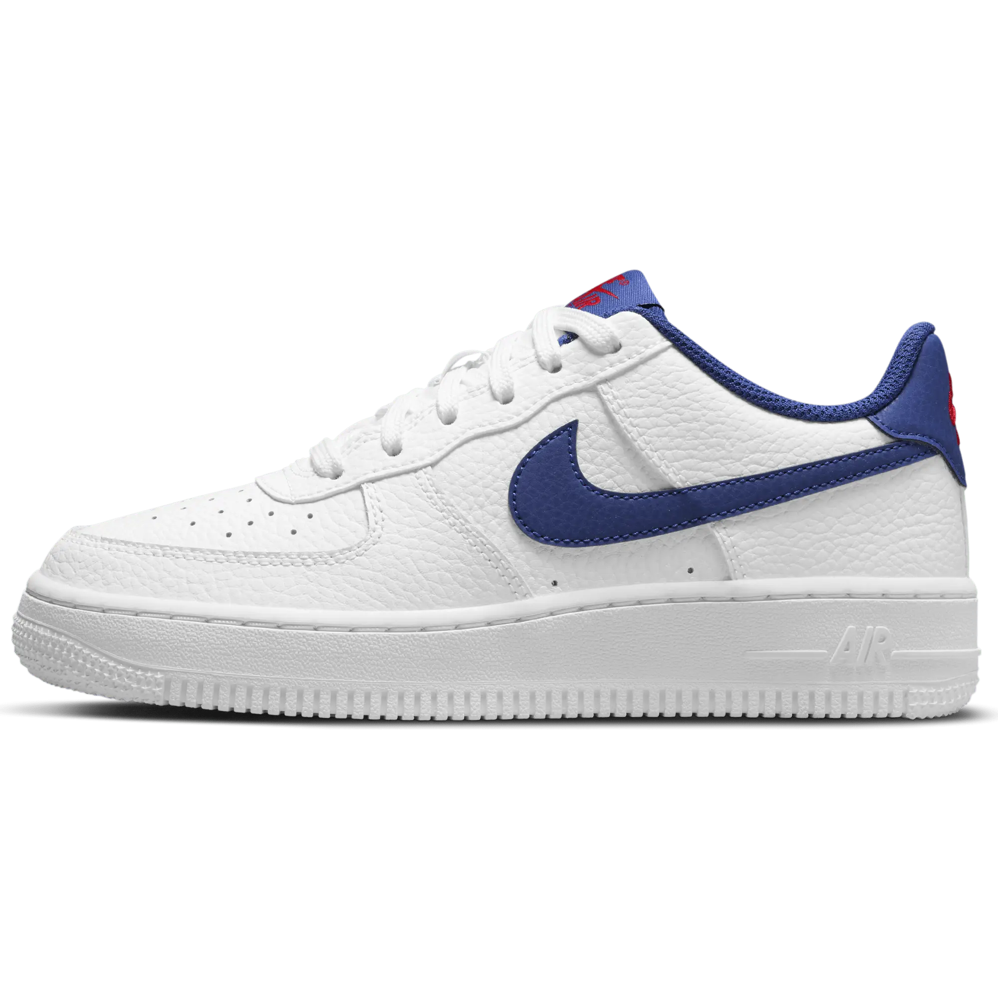 NIKE Air Force 1 Kids' Classic Leather Athletic Sneakers in White/Blue with Lightweight Air-Sole Cushioning