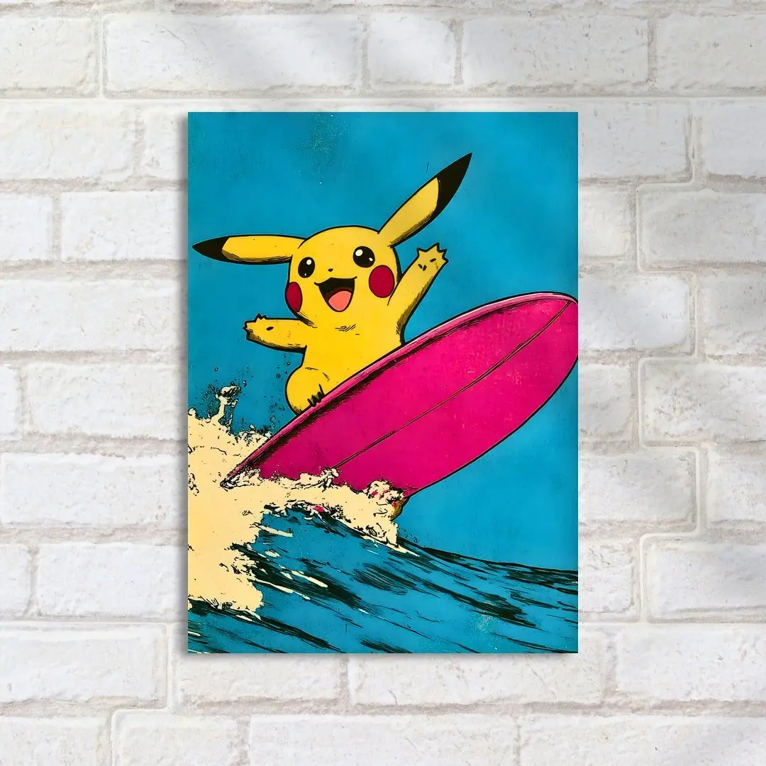 Pikachu surfing the sea wave Poke Poster,  Japanese Style Cartoon Anime, Unframed Wall Art, Home Decor