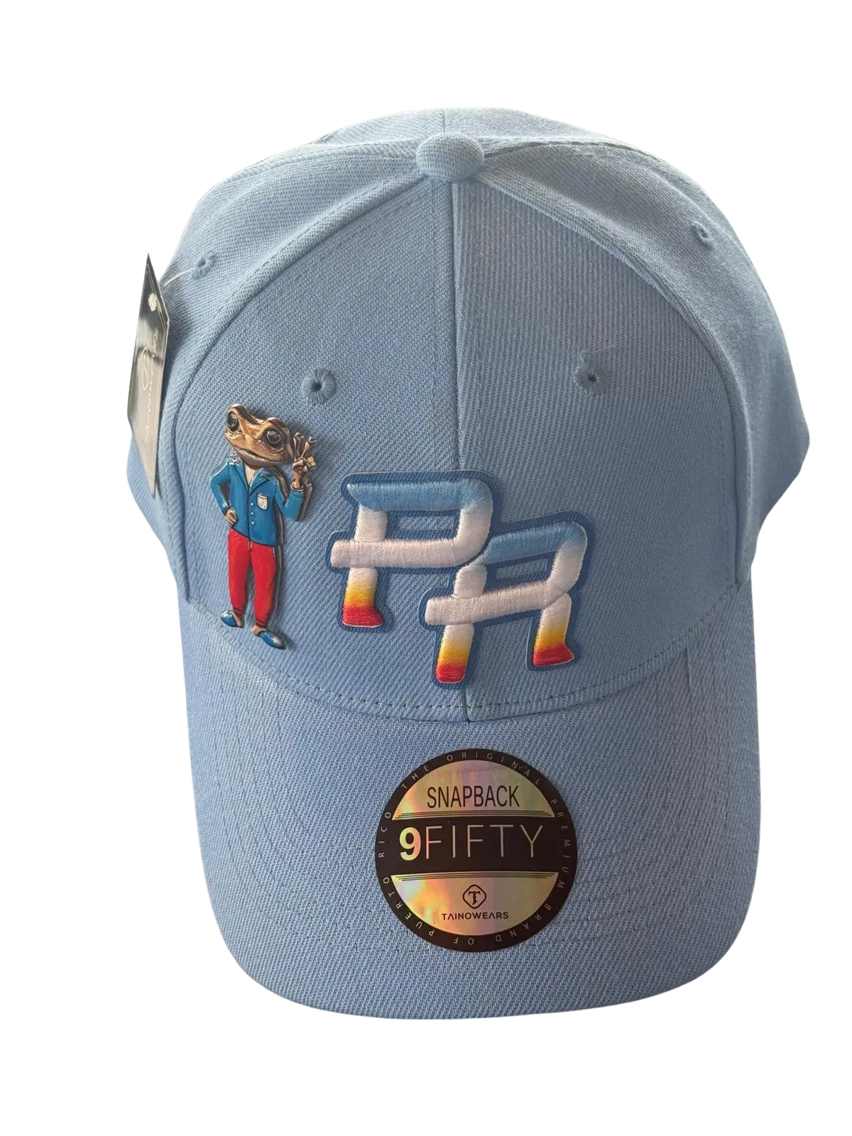 Metallic Sapo Concho Snapback Hat Light Blue PR Gradient Embroidery 3D Raised Letters Removable Pin High Crown Profile Adjustable Snap Closure
