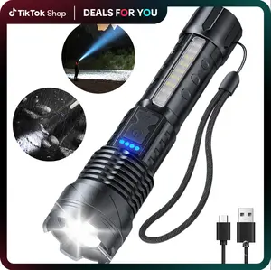 Strong Light Flashlight USB Rechargeable The Portable Highlumen flashlight.with Emergency White Light and Red & Blue Alarm Lights. Waterproof Design. Ideal for Camping, Mountaineering, Fishing, Garden, Road. Fathersdaygift Multifunctional