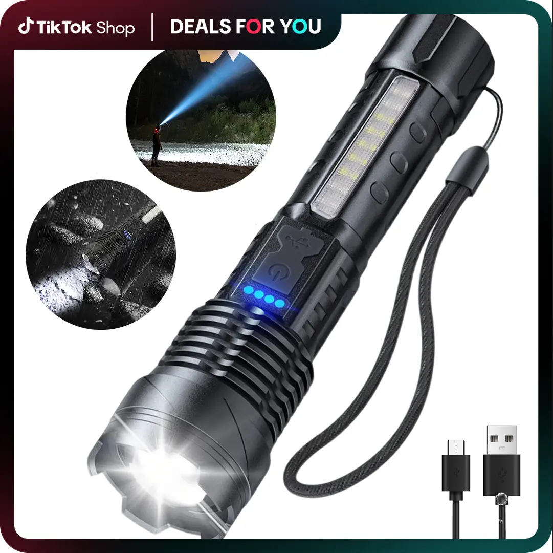 Strong Light Flashlight USB Rechargeable The Portable Highlumen flashlight.with Emergency White Light and Red & Blue Alarm Lights. Waterproof Design.