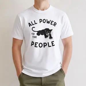 "All Power to the People" Graphic T-Shirt - Black Panther Party Political Statement Top - Bold Heritage Streetwear Aesthetic Apparel - Soft Breathable Graphic Shirt - Unique Professional Detail Crew Neck Tee