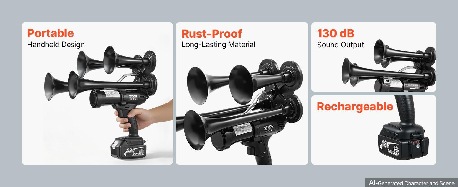 【BackToSchool】VEVOR Cordless 4-Trumpet Air Horn 130dB Train Air Horn & Built-in Air Pump, 18V 4Ah Lithium Battery, Powerful Sound, Strong Penetration, Handheld Portable for Vehicle Alerts, Holiday & Sporting Events 【BackToSchool】VEVOR Cordless 4-Trumpet Air Horn 130dB Train Air Horn & Built-in Air Pump, 18V 4Ah Lithium Battery, Powerful Sound, Strong Penetration, Handheld Portable for Vehicle Alerts, Holiday & Sporting Events