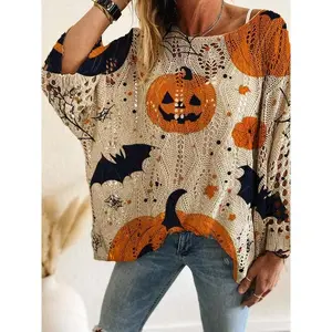 Women’s Halloween pumpkin print long-sleeve knit top, casual yet elegant vacation style, loose batwing shoulders, suitable for spring, summer, and autumn