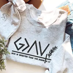 God is Greater Than the Highs and Lows Embroidered Sweatshirt, Icon on Sleeve, Gift For Him, Gift For Her