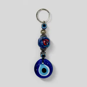 Evil Eye Nazar Boncuk Mal De Ojo Keychain with Hand Painted Ceramic Ball - Blue Floral Tulip
