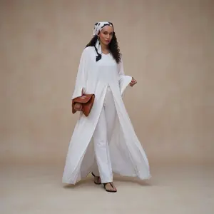 White Front Slit Abaya - Plain Crew Neck with Open Slits on Wrists & Two Inside Ties for Custom Fit