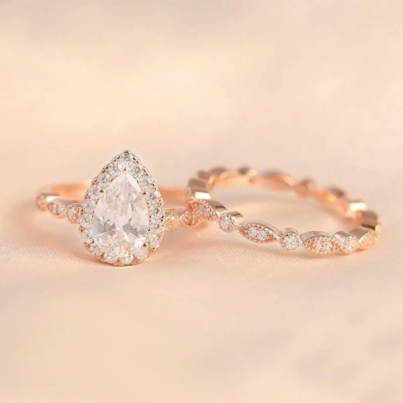 2pcs/set Exquisite Droplet Cubic Zirconia & Pear-Shaped Gemstone Bridal Ring Set, Elegant Glittering Exquisite Trendy Sparkling Engagement Ring for Me, Luxury Costume Jewelry Anniversary Gift