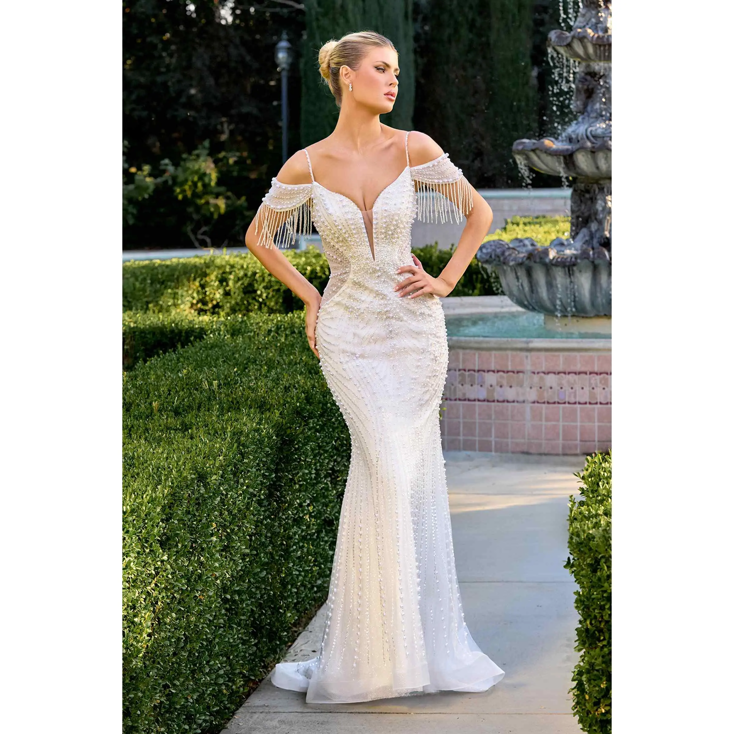 Ladivine SF209W Women's Cold-Shoulder Beaded Mermaid Bridal Gown - Crystal-Embellished, Premium Fabric, Flattering Fit, Zip Closure, Formal Prom Dress, Sleeveless, Tulle Overlay, Full Length, Sizes 2-18 Junior
