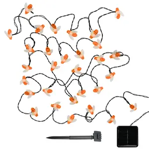 LumaBase Solar Powered Bee Motif String Lights - 50 Plastic Bees, 374" Cord, Solar Patio Lights, Outdoor Decor, Weather Resistant, Steady or Flickering Modes, Outdoor Decorative Lights