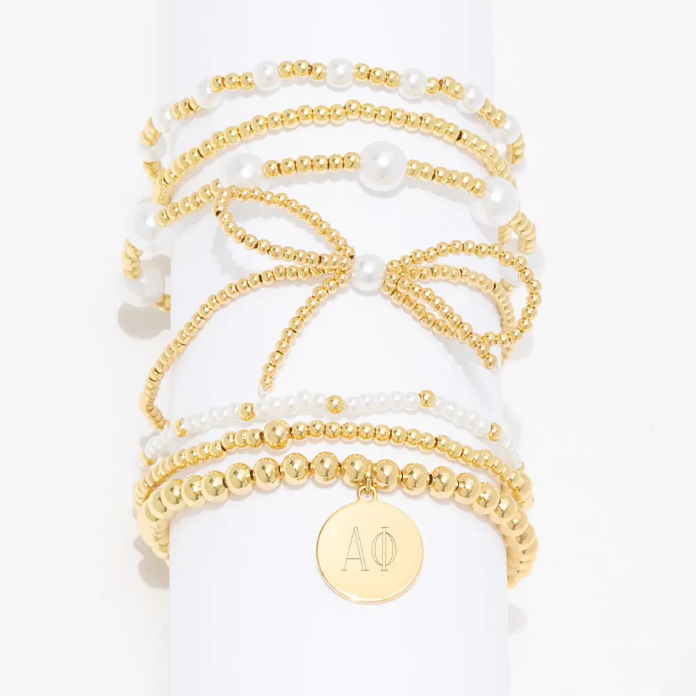 Alpha Phi Pearl Bow Bracelet Stack | Gold