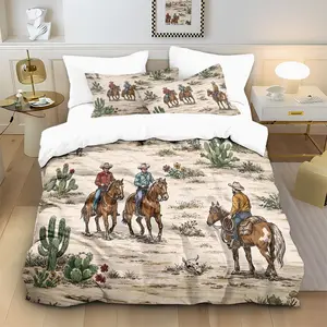 3-piece quilt cover set (1 quilt cover +2 pillowcases, coreless) Western cowboy style desert riding cactus cow skull print soft and comfortable bedding, suitable for all rooms
