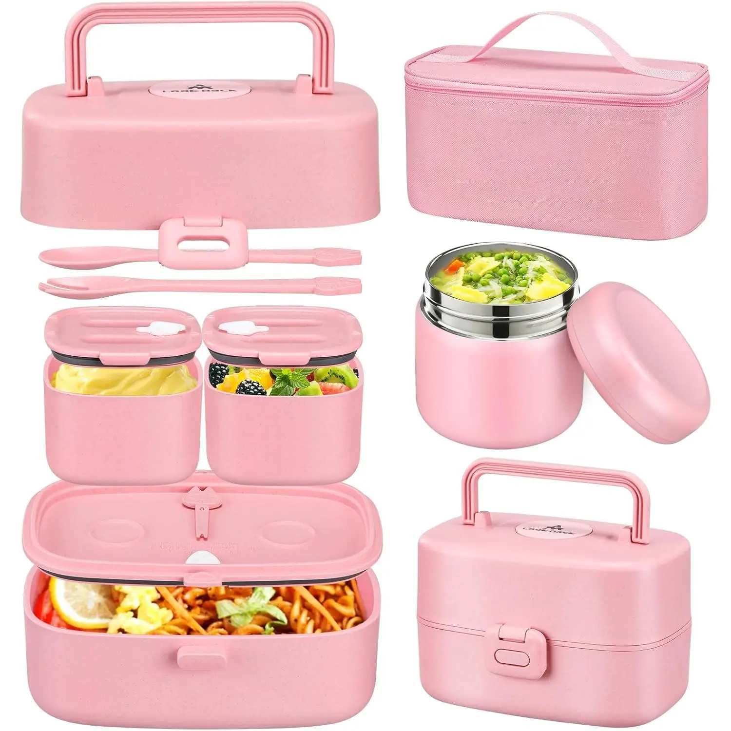Kids' Bento Lunch Box Set with Insulated Bag, 2 Leak-Proof Stainless Steel Containers, 8oz Soup Thermos for School - Pink