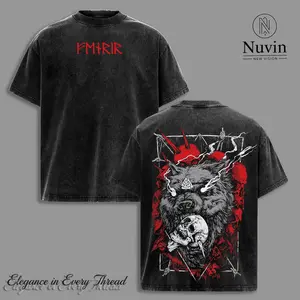 Fenrir Norse Wolf, Odin, Ragnarok Oversized Vintage Washed T-Shirt, Nordic Mythology Streetwear Graphic Tee, Viking Rune Symbol Heavy Cotton Unisex Top, Dark Aesthetic Warrior Spirit Nordic Fashion