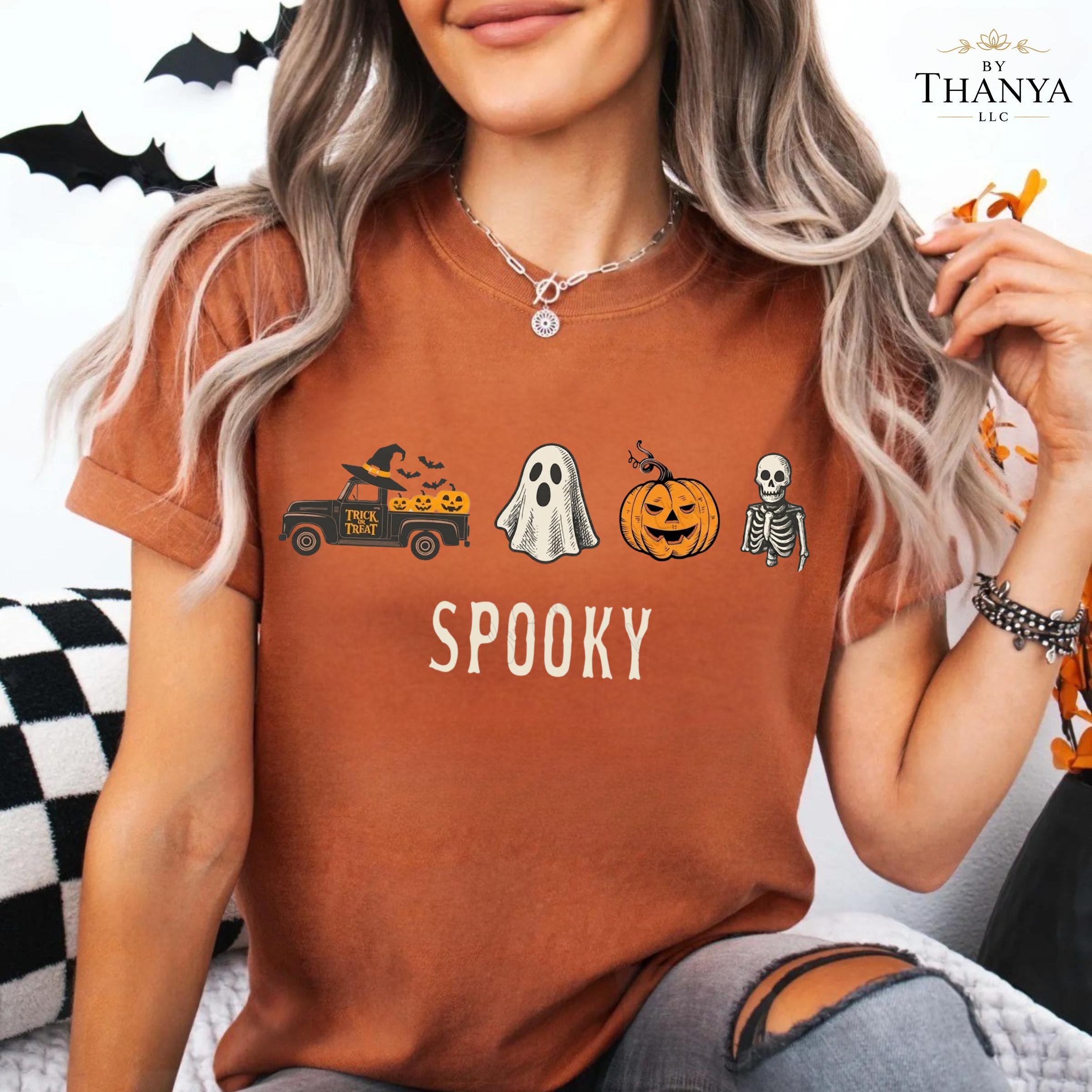 Spooky Halloween Comfort Colors Shirt, Cute Ghost Pumpkin Skeleton Graphic Tee, Trick Or Treat Truck Fall Print Shirt, Halloween Party Gift For Women And Men – By Thanya LLC