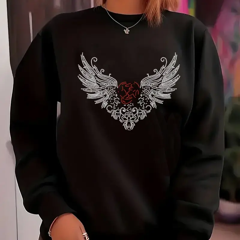 【Plus Size】Blazing Angels-Winged Heart Beaded Sweatshirt Tops Hoodie Cute Glitter Crewneck Casual Long Sleeve Womenswear Comfort Pullover
