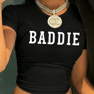 Baddie Print Round Neck Short Sleeve Crop Top