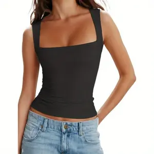 Women's square neck vest, sleeveless double-layered sexy top, fashionable and slim-fitting basic T-shirt suitable for going out.