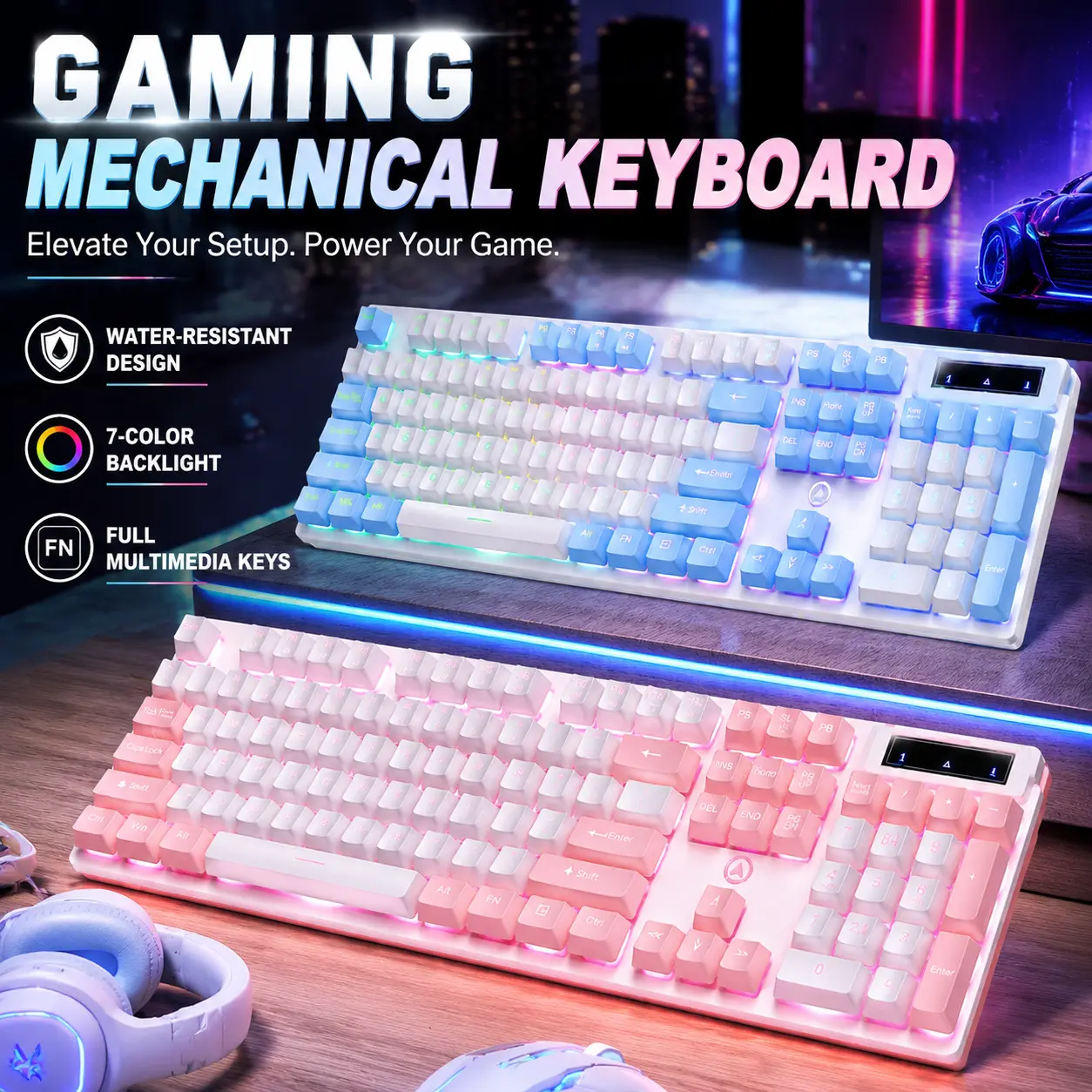 EIGIIS Gaming Keyboard Wired Mechanical Feel Keyboard For PC Computer Accessories With RGB Mixed Color Backlight, Floating Keycaps, 104 Keys Full Size Layout, Multimedia Keys, Ergonomic Stand Design, USB Interface For Gaming And Daily Use