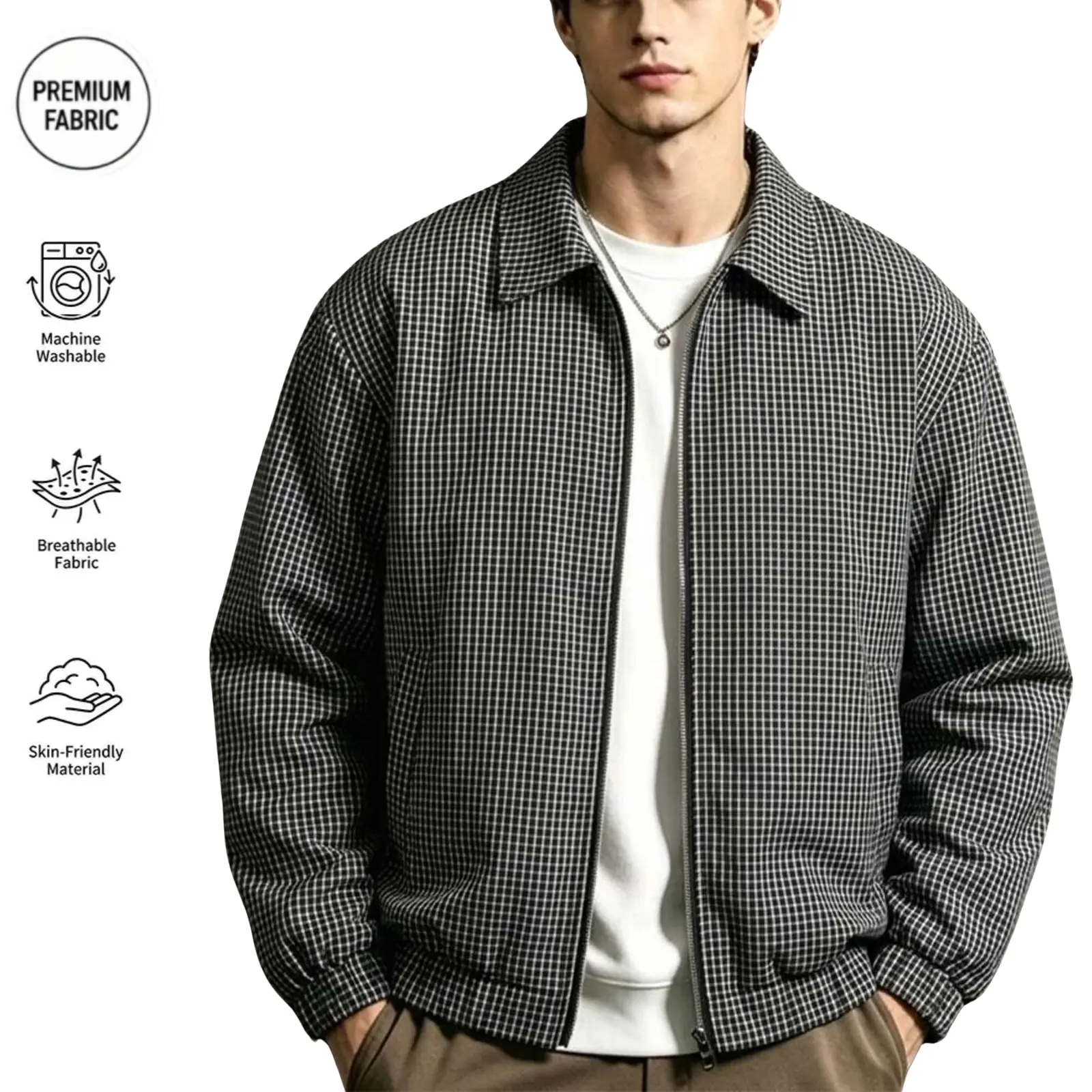 Men's Plaid Checked Casual Loose Drop Shoulder Zip Jacket, Elastic Cuffed Sleeves, Side Pockets, Minimalist Menswear Outerwear Coat
