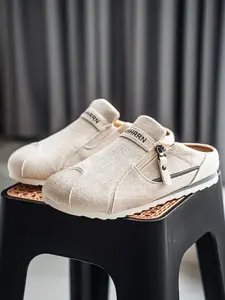 Men's Black Canvas Split‑Toe Mules, Adjustable Buckle Zipper Design Slip‑On Slippers, Non‑Slip Casual Backless Sandals, Retro Fashion Daily Outdoor Walking Shoes