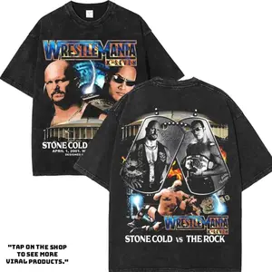 WWE4U Stone Cold Vs The Rock Wrestle Mania 17 Washed T-Shirt | Vintage Graphic Design | Iconic Wrestling Print | Classic Fan Apparel Cotton Fabric EWH