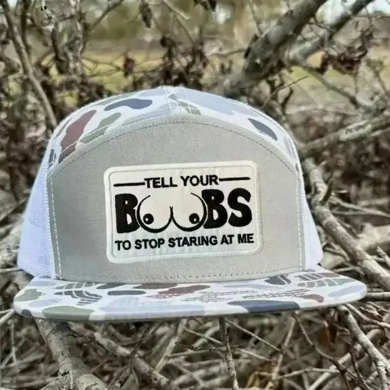 Funny "Tell Your Boobs to Stop Staring at Me" Trucker Hat | Adult Humor Mesh Snapback | Gift For Him