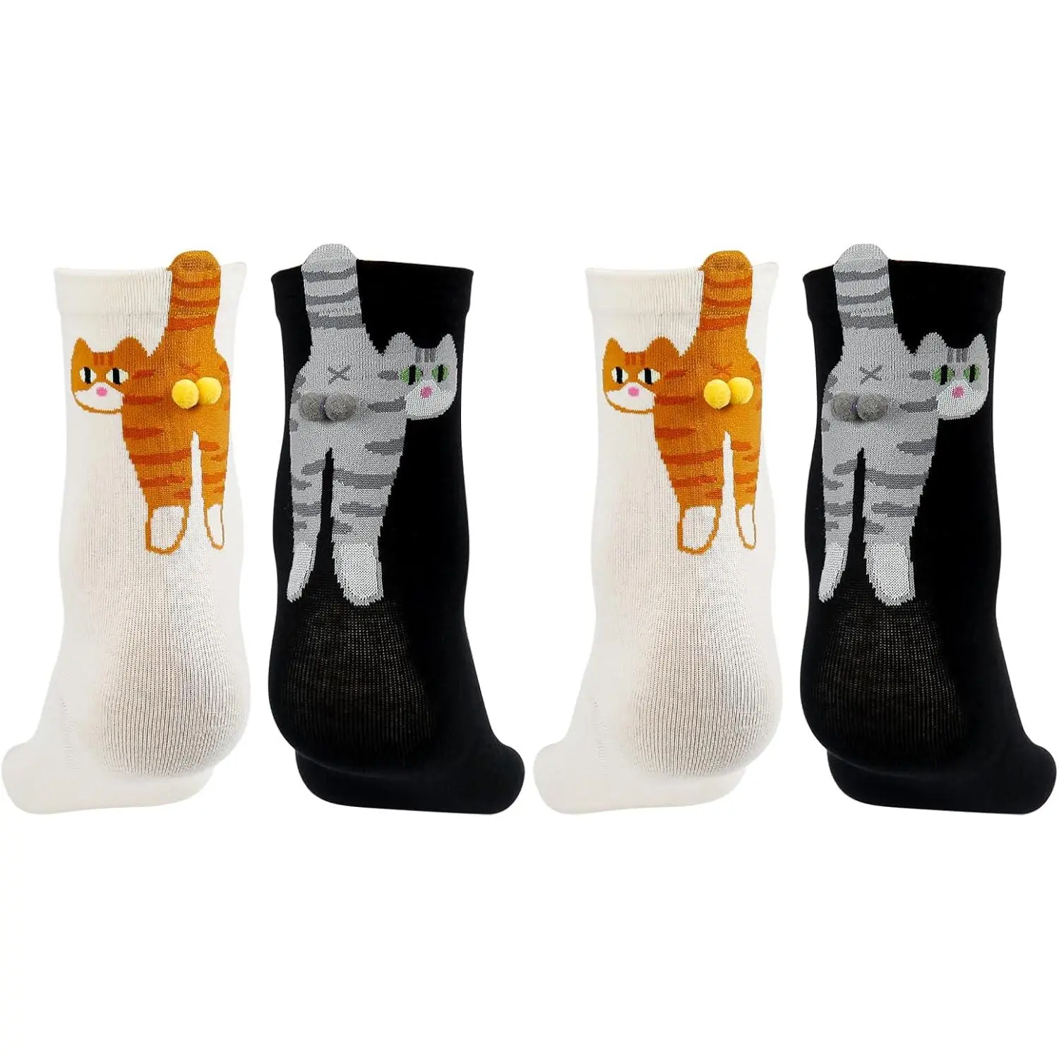 Women's 2-Pair Breathable Comfy Cotton Crew Socks, 3D Cat Design with Balls, Tail-Up Humor, Embroidered Tail Fun, Soft Comfy Hosiery, Casual Stylish Socks for Cat Lovers, Ideal Party Bag & Festive Gift