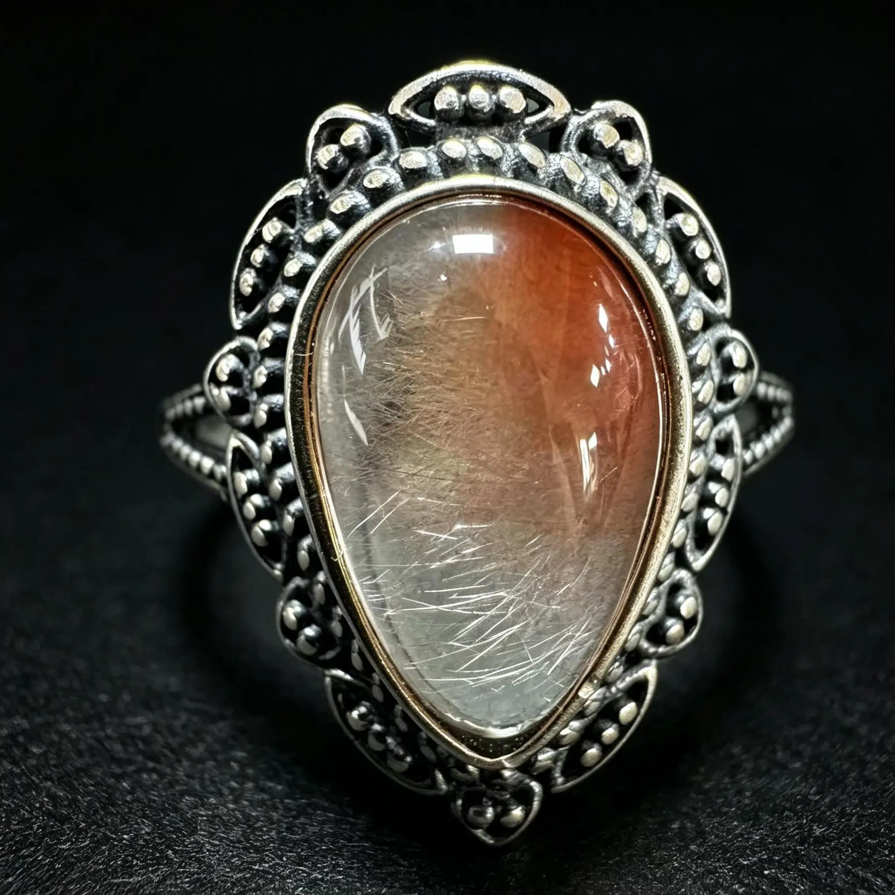 Unisex 12×8mm Teardrop Red Rabbit Hair Crystal Antique Oxidized 925 Silver Open Band Spiritual Statement Ring for Adults, Collectibles