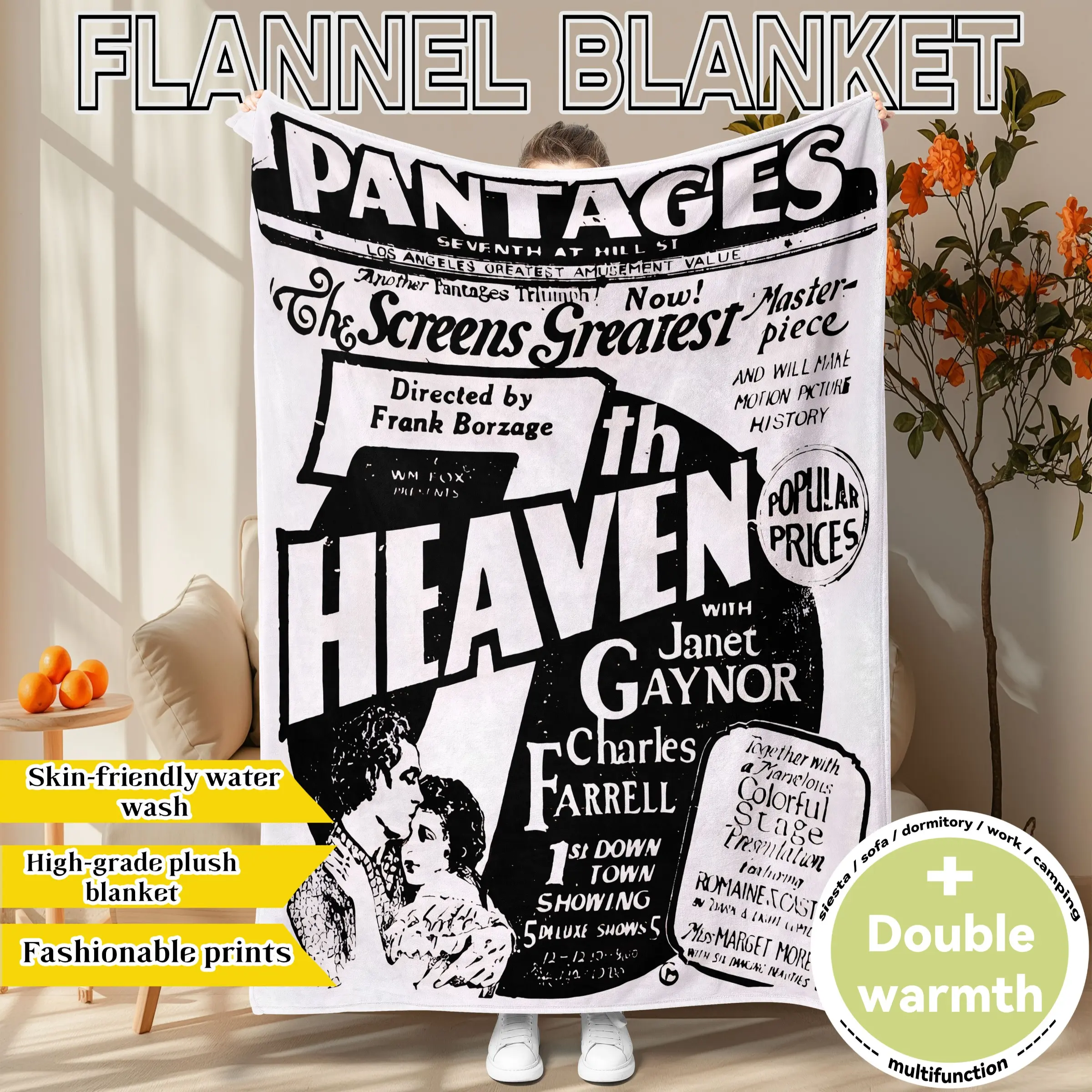Soft Flannel Blanket with Seventh Heaven Print, Thickened Warm Throw for Sofa Bed Office Travel, Gift for All Seasons