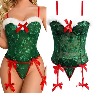 Women Sexy Faux Fur Corset Set Lingerie Christmas Teddy Santa Underwear Babydoll With Garter Belts