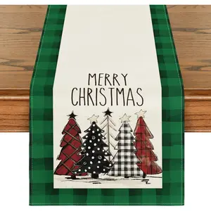 Artoid Mode Watercolor Green and Black Buffalo Plaid Christmas Trees Merry Xmas Table Runner, Seasonal Winter Holiday Kitchen Dining Table Decoration for Indoor Outdoor Home Party Decor 13 X 72 Inch Artoid Mode